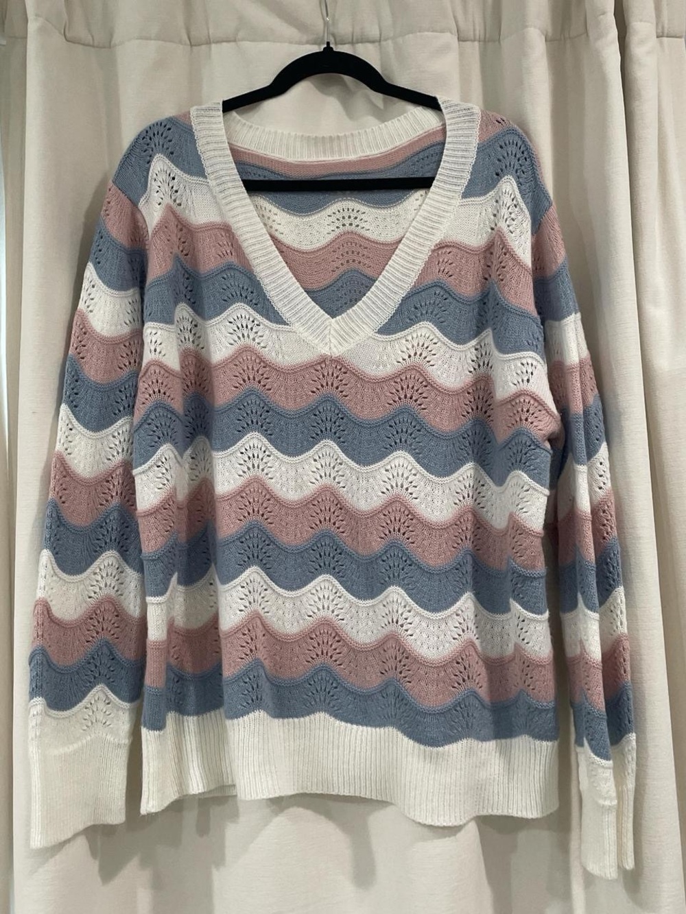 Striped V-Neck Knit Sweater in White, Dusty Pink & Slate Blue